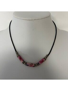 Handcrafted Floral Ceramic Bead Necklace Pink Rose Black Cord Vintage 17 inches
